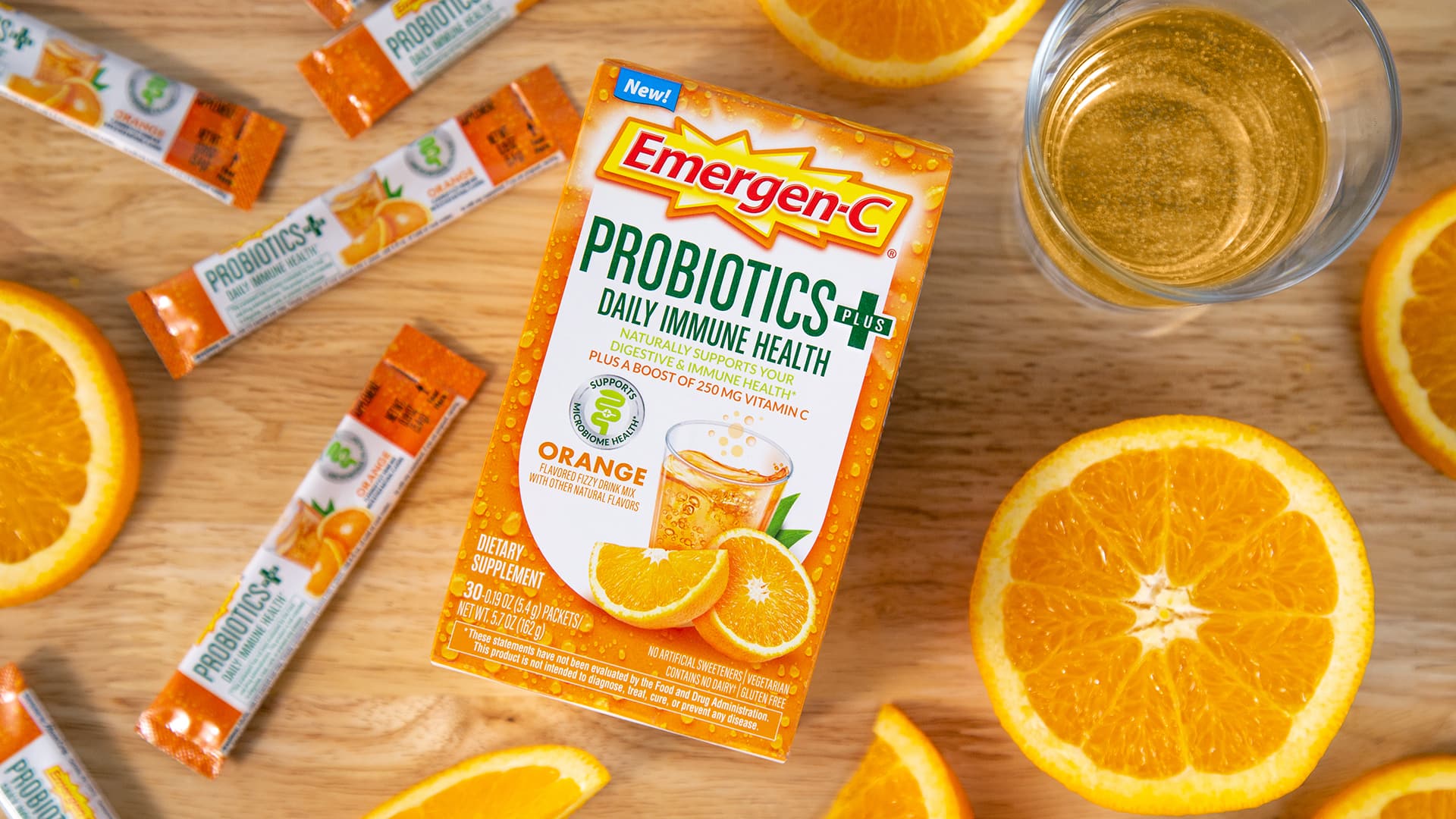 emergen-c probiotics on a kitchen counter from above