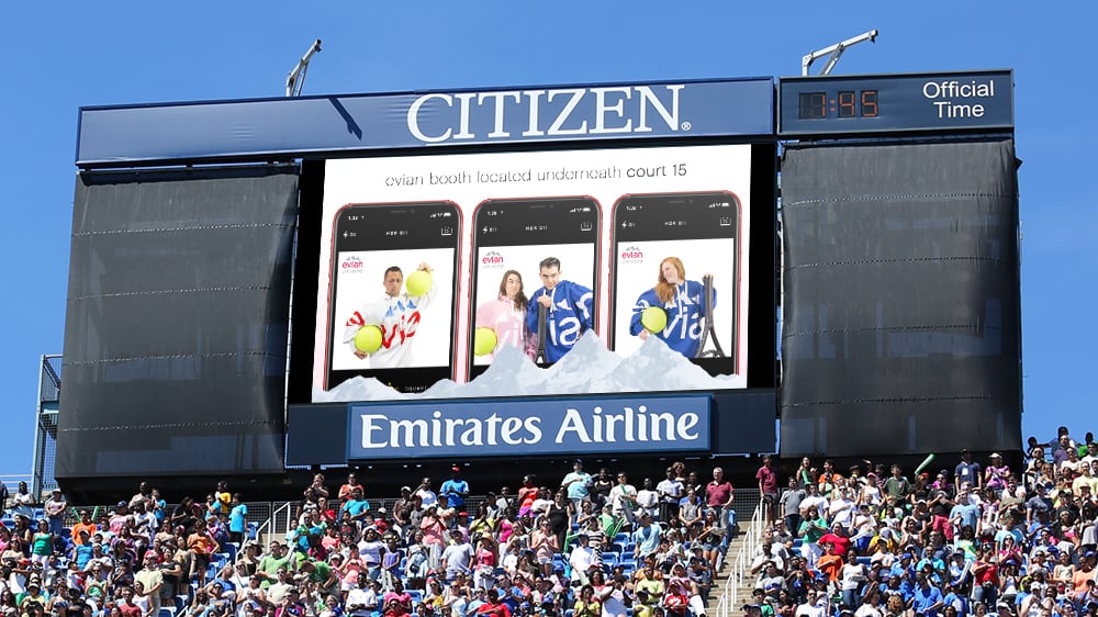 arthur ashe stadium jumbotron with evian photobooth ad