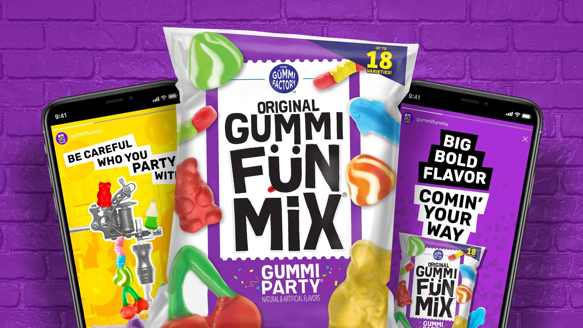 gummi funmix bag and two social media posts on iphones