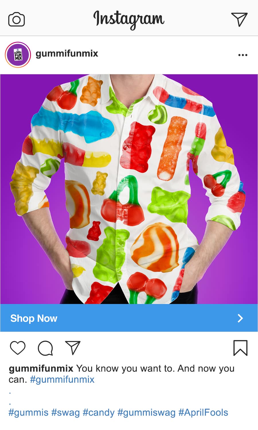 joke shirt with gummies printed all over