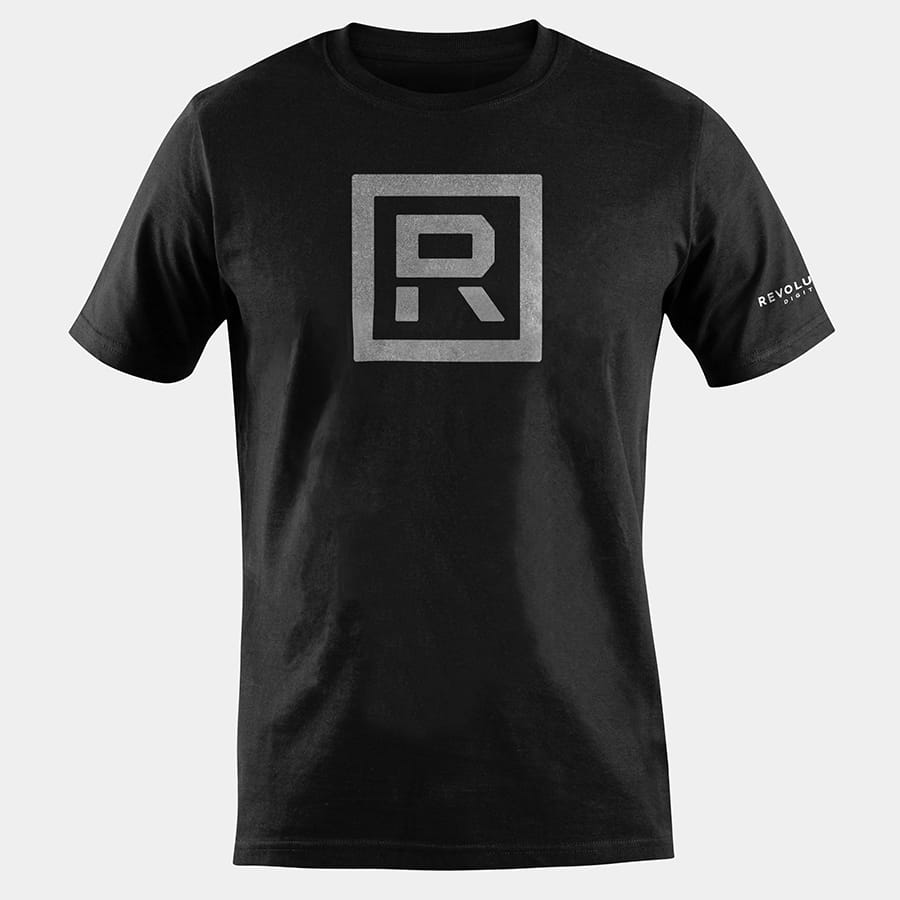 revolution digital logo on a black tshirt