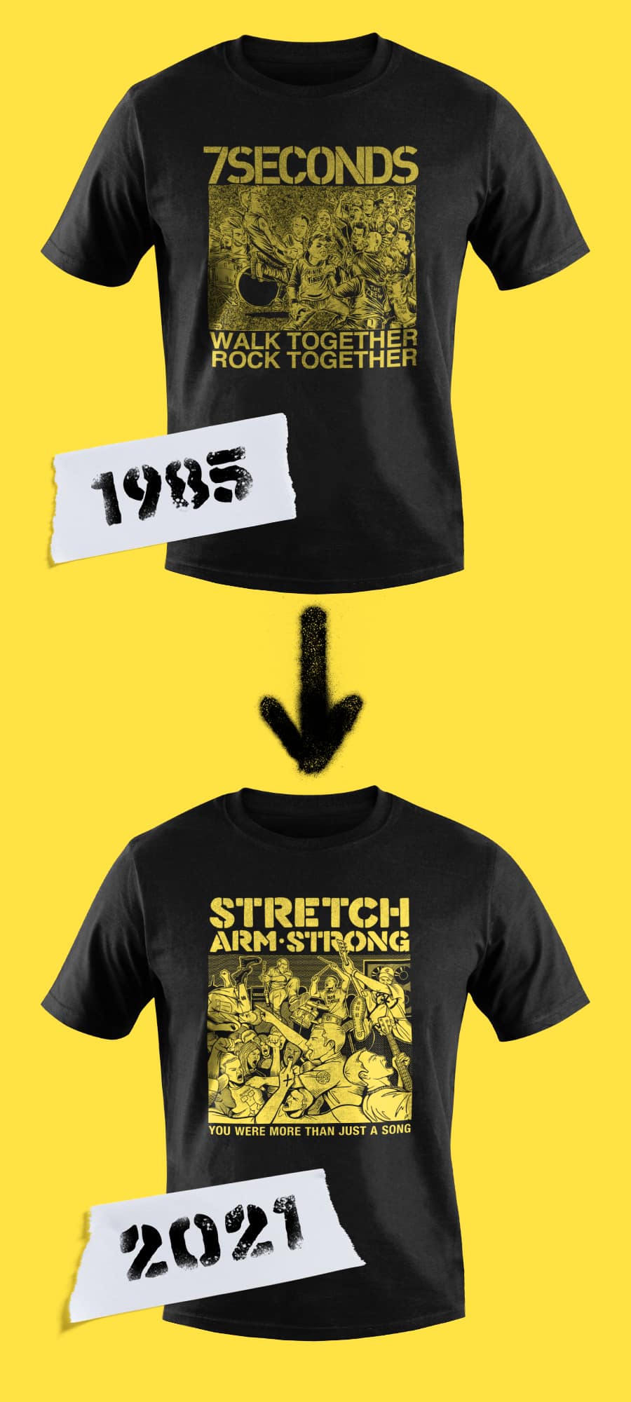 comparison of 1985 7 seconds tshirt and 2021 Stretch Arm Strong shirt