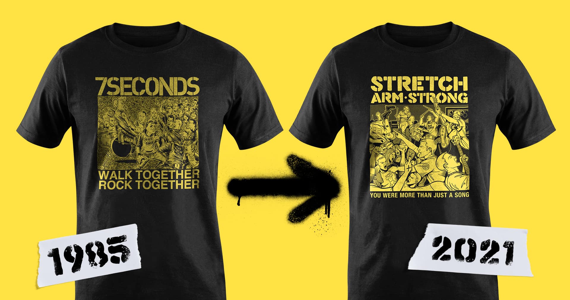 Comparison of the original 1985 7 Seconds design and the 2021 Stretch Arm Strong design