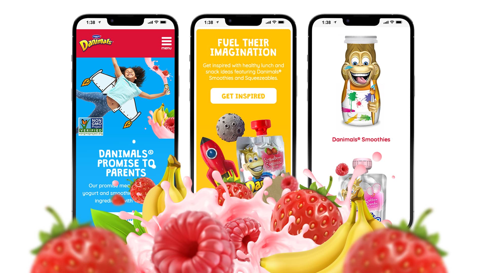 mockups of danimals.com in phones behind of splash of fruit and yogurt