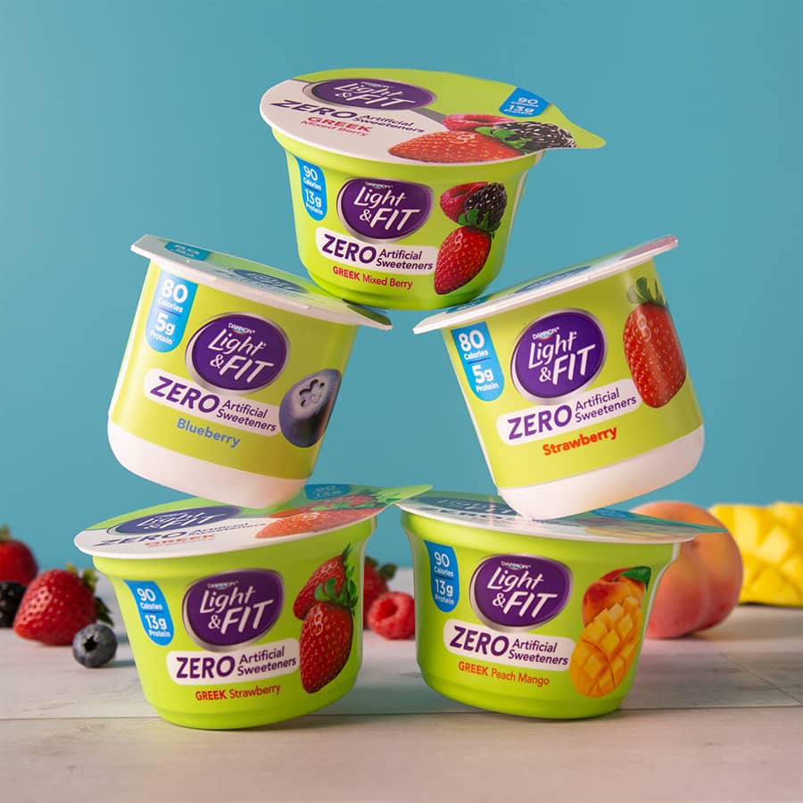 A tower of Light and Fit yogurts