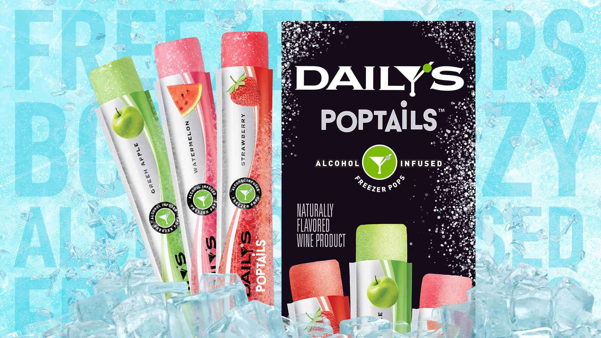 daily's poptails box and tubes sitting in a pile of ice