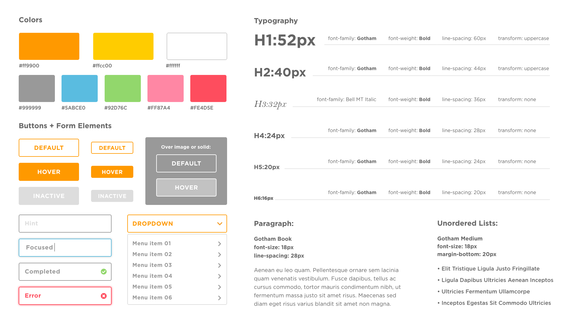 emergenc.com style guide of typography, buttons, form elements