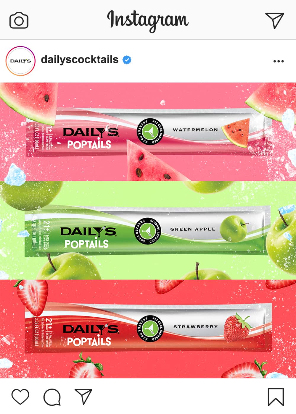 Daily's Poptails tubes with watermelons, apples, and strawberries bursting from the pack in an icy blast