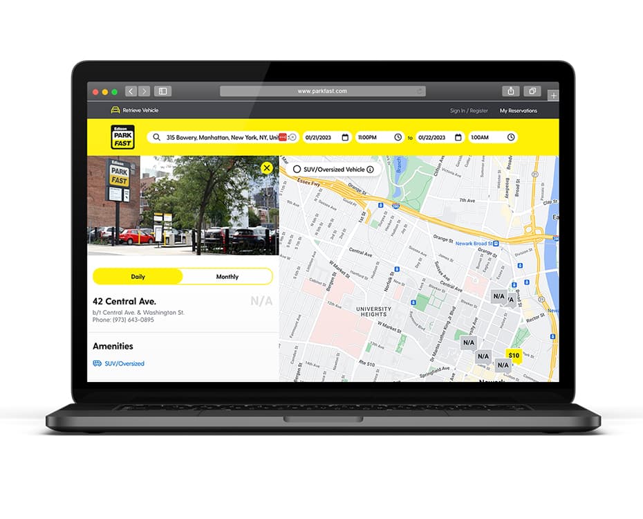 ParkFast website location and map on desktop