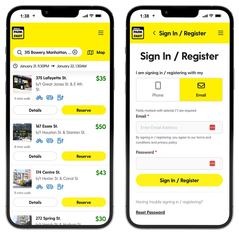 ParkFast website search results and registration on iphone