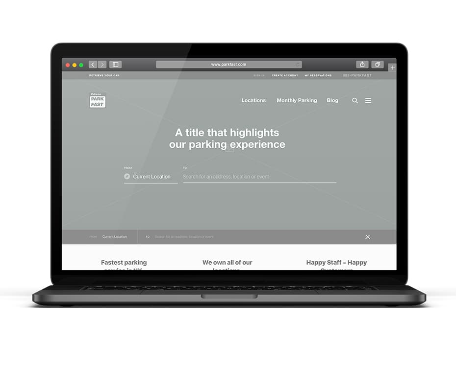 parkfast wireframe homepage on laptop