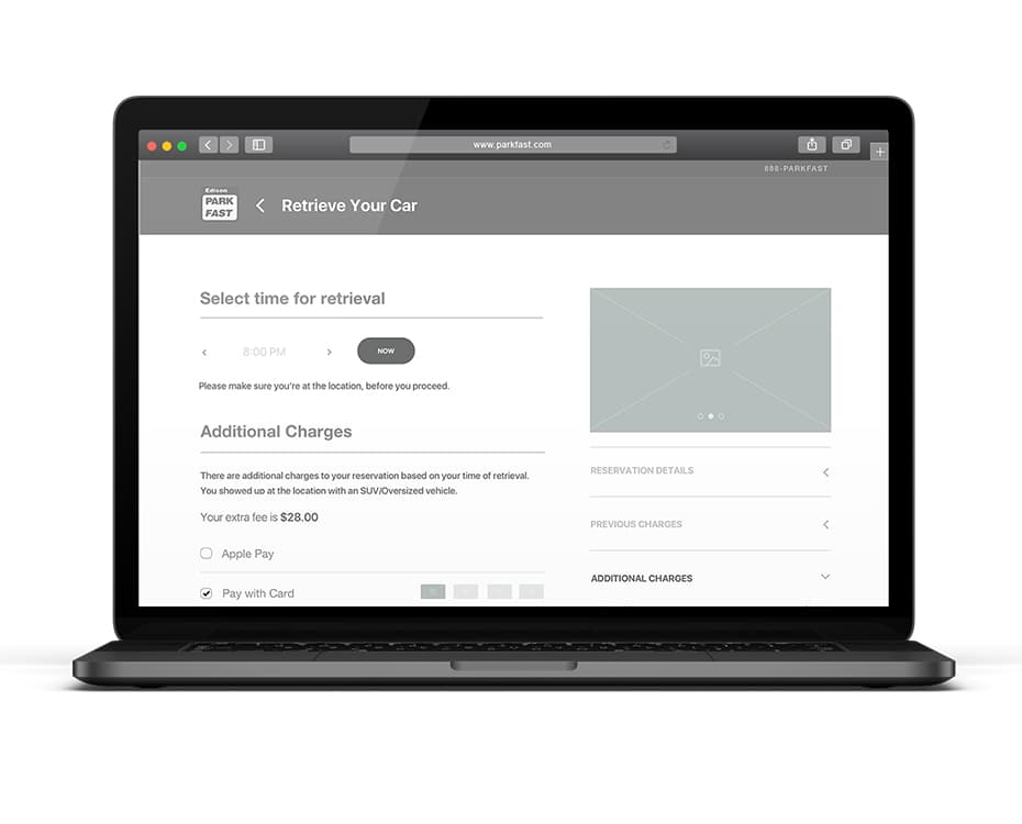 parkfast website wireframe retrieval flow on laptop