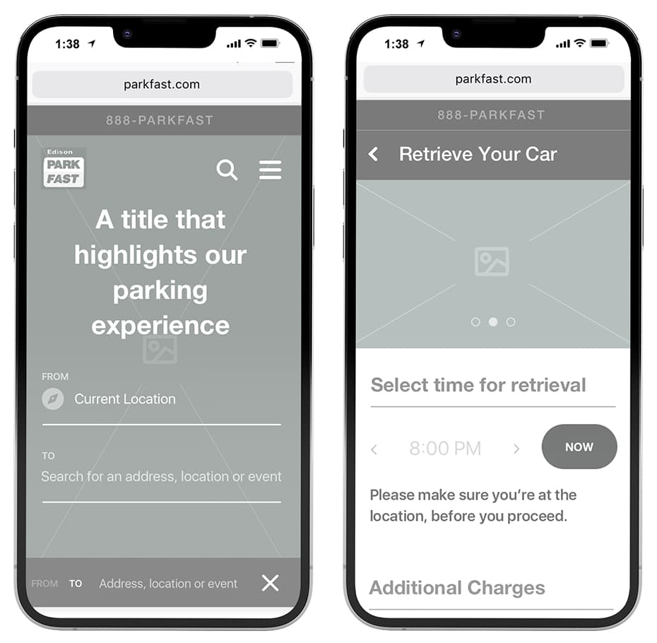 parkfast mobile wireframes on iphones