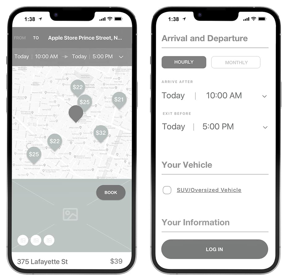parkfast mobile wireframes for location on iphones